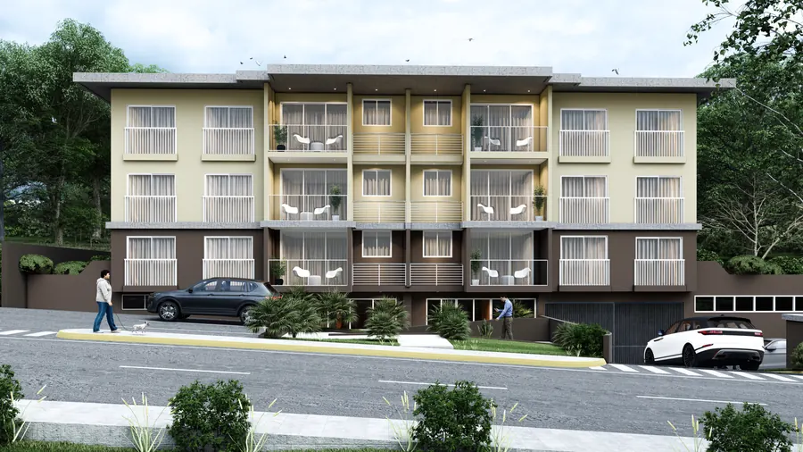 Render de la fachada frontal terminada de Clayton Lux
