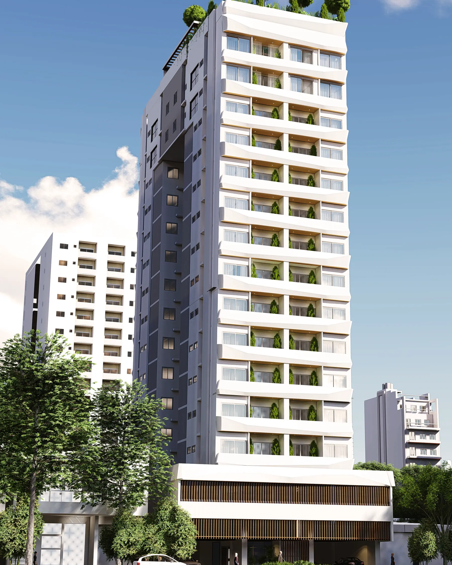 Render de la torre residencial Sky 66 vista desde la calle